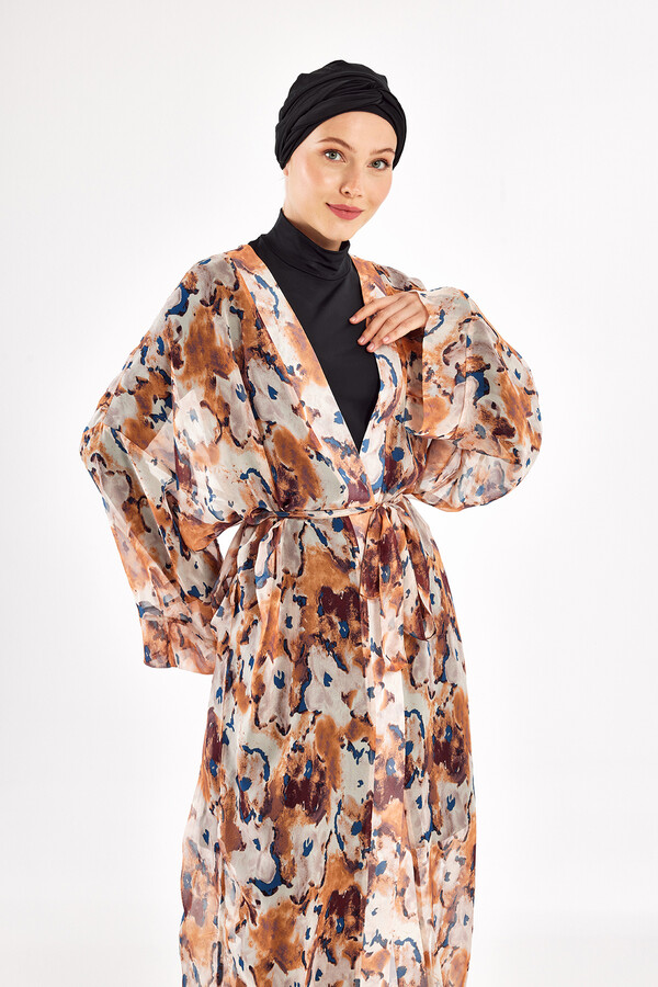 UV Protected Beige Pareo Kimono Cover-up 1708 - Thumbnail