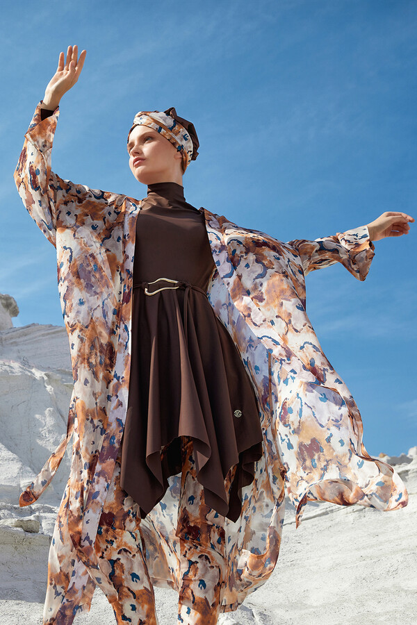 UV Protected Beige Pareo Kimono Cover-up 1708 - Thumbnail