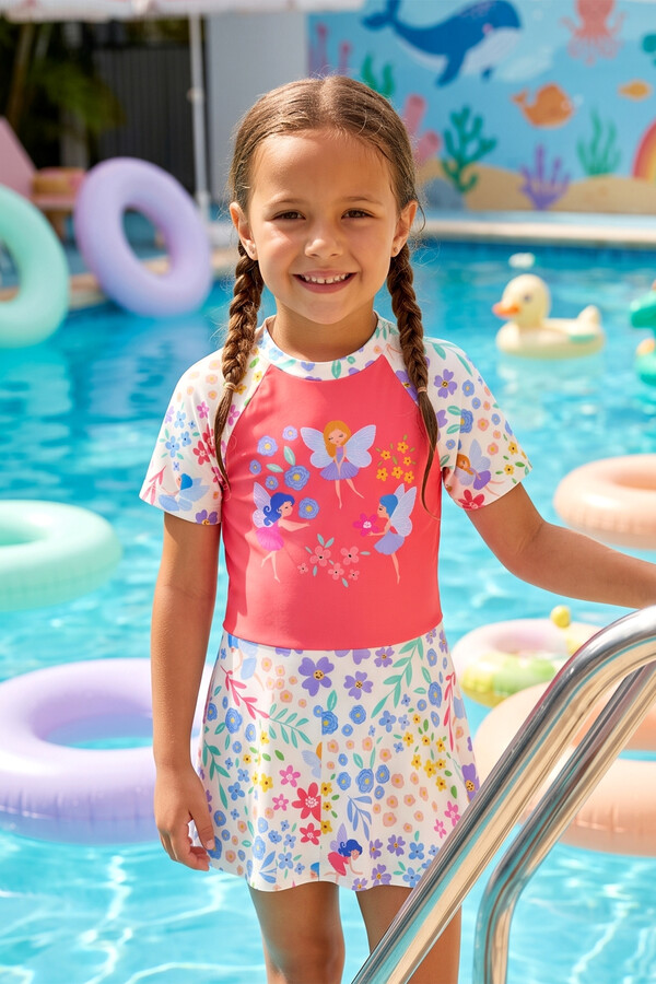 UV Protected Girls Fairy Print Swim Dress 5227 White - Thumbnail