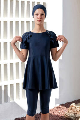 Adasea - UV Protected Girls' Short Sleeve Semi-Covered Swimsuit 1907 Dark Navy