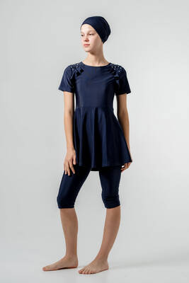 Adasea - UV Protected Girls' Short Sleeve Semi-Covered Swimsuit 1907 Dark Navy (1)