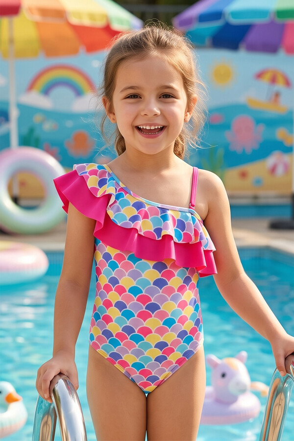 UV Protective Strappy Swimwear Set for Girls - Thumbnail