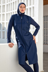 Adasea - UV Protected Plus Size Long Full Coverage Modest Swimsuit 1302 Navy