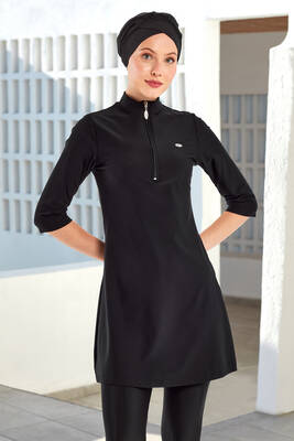 Adasea - UV Protected Plus Size Semi-Covered Modest Swimsuit 1601 Black07