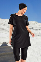 Adasea - UV Protected Plus Size Semi-Covered Modest Swimsuit 1805 Black