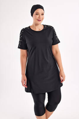 Adasea - UV Protected Plus Size Semi-Covered Modest Swimsuit 1805 Black (1) Adasea - UV Protected Plus Size Semi-Covered Modest Swimsuit 1805 Black (1)