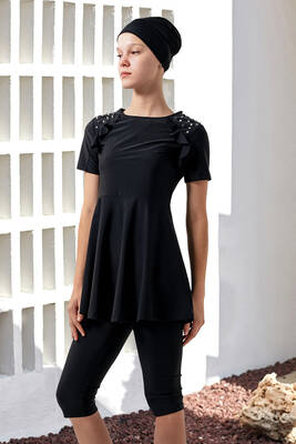 Adasea - UV Protected Short Sleeve Modest Swimsuit For Girls 1907 Black Adasea - UV Protected Short Sleeve Modest Swimsuit For Girls 1907 Black