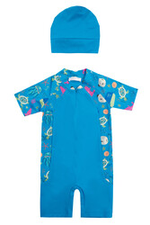 Adasea - UV Protected Short Sleeve Romper Swimsuit For Kids 1910 Blue