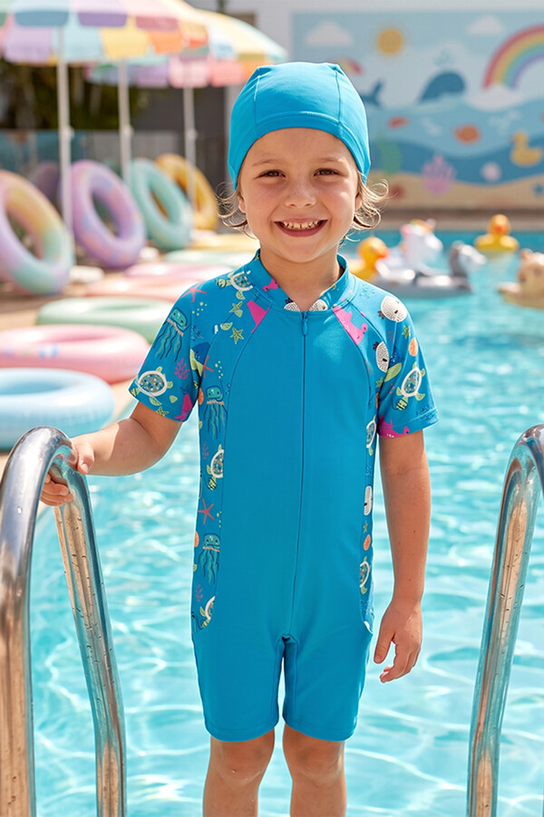 UV Protected Short Sleeve Romper Swimsuit For Kids 1910 Blue - Thumbnail