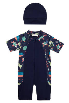 Adasea - UV Protected Short Sleeve Romper Swimsuit For Kids 1910 Dark Navy Adasea - UV Protected Short Sleeve Romper Swimsuit For Kids 1910 Dark Navy