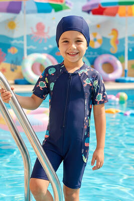 Adasea - UV Protected Short Sleeve Romper Swimsuit For Kids 1910 Dark Navy