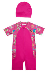 Adasea - UV Protected Short Sleeve Romper Swimsuit For Kids 1910 Fuchsia