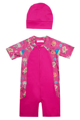 Adasea - UV Protected Short Sleeve Romper Swimsuit For Kids 1910 Fuchsia Adasea - UV Protected Short Sleeve Romper Swimsuit For Kids 1910 Fuchsia