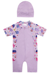 Adasea - UV Protected Short Sleeve Romper Swimsuit For Kids 1910 Lilac
