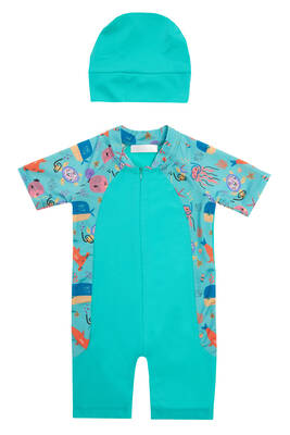 Adasea - UV Protected Short Sleeve Romper Swimsuit For Kids 1910 Mint Adasea - UV Protected Short Sleeve Romper Swimsuit For Kids 1910 Mint