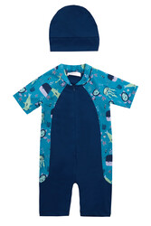 Adasea - UV Protected Short Sleeve Romper Swimsuit For Kids 1910 Navy Blue