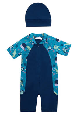 Adasea - UV Protected Short Sleeve Romper Swimsuit For Kids 1910 Navy Blue Adasea - UV Protected Short Sleeve Romper Swimsuit For Kids 1910 Navy Blue