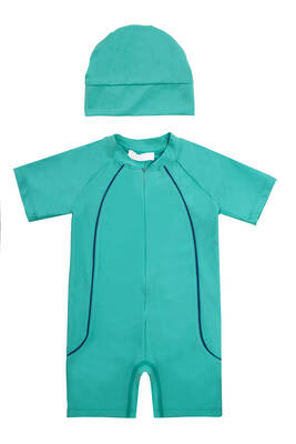 Adasea - UV Protected Short Sleeve Swimsuit Romper For Kids Clous 5155 Mint01 Adasea - UV Protected Short Sleeve Swimsuit Romper For Kids Clous 5155 Mint01