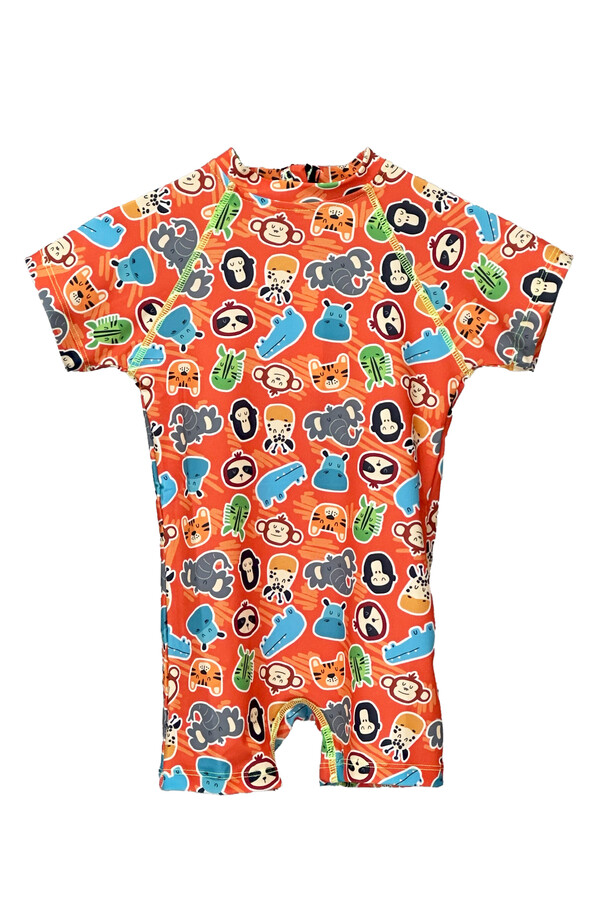 UV Protected Short Sleeve Swimsuit for Kids with Zoo Pattern C64 - Thumbnail