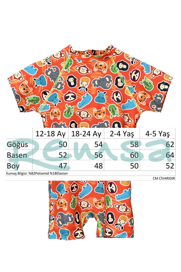 UV Protected Short Sleeve Swimsuit for Kids with Zoo Pattern C64 - Thumbnail