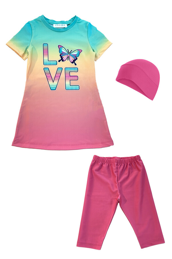 UV Protected Short Sleeve Tights Children's Swimsuit Set 1912 Green - Thumbnail