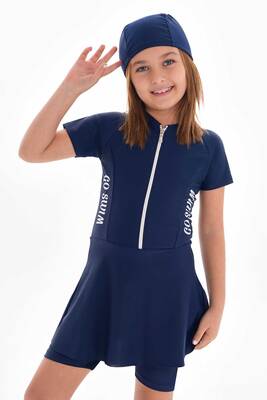 Remsa - UV Protected Skirted Legging Short Sleeve Girls Swimsuit Mira 1511 Navy Remsa - UV Protected Skirted Legging Short Sleeve Girls Swimsuit Mira 1511 Navy