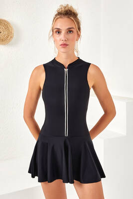 Lapieno - UV Protected Sleeveless Zip-Up Swimsuit Dress With Skirt 4160 Black Lapieno - UV Protected Sleeveless Zip-Up Swimsuit Dress With Skirt 4160 Black