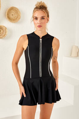 Lapieno - UV Protected Sleeveless Zip-Up Swimsuit Dress With Skirt 4160 Black (1) Lapieno - UV Protected Sleeveless Zip-Up Swimsuit Dress With Skirt 4160 Black (1)