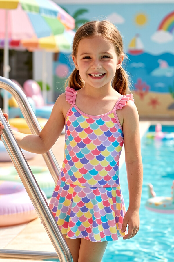 UV Protected Strappy Dress Swimsuit for Girls 5223 Yellow - Thumbnail