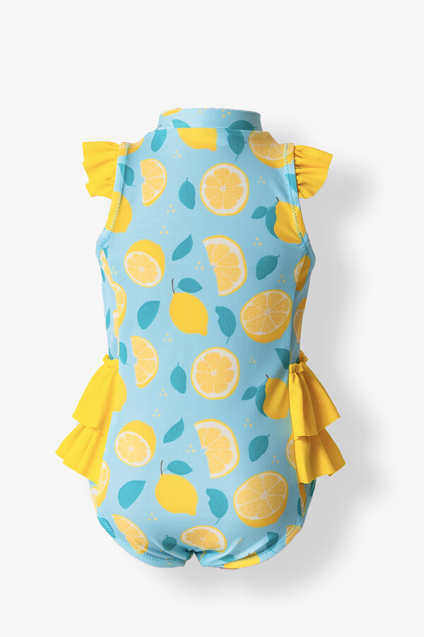 UV Protected Zero Sleeve Ruffle Detail Girls' Swimsuit Yellow - Thumbnail