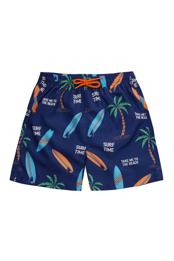 UV Protection Boys Swim Trunks 5252 Palm Print Navy - Thumbnail