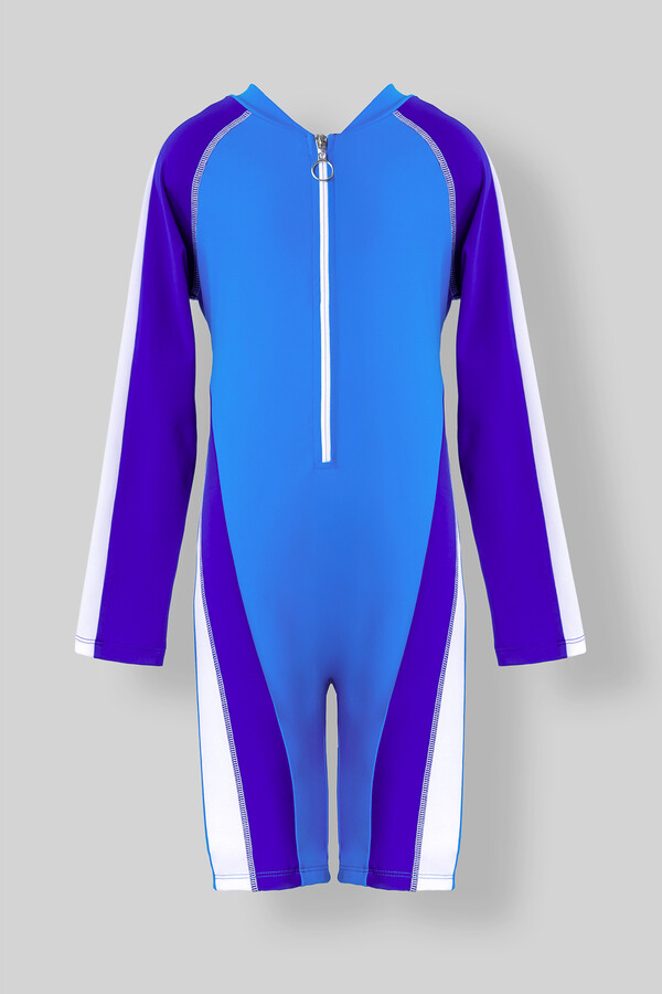 UV Protection Long Sleeve Kids Swim Bodysuit in Blue 5276 - Thumbnail
