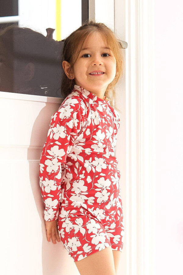 UV Protection Long Sleeve Swim Short Set for Kids C94 Red - Thumbnail