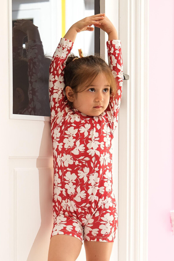 UV Protection Long Sleeve Swim Short Set for Kids C94 Red - Thumbnail
