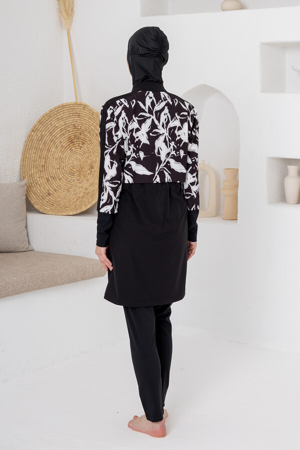 UV Protection Lycra Full Coverage Modest Swimsuit Set 1210 Black05 - Thumbnail