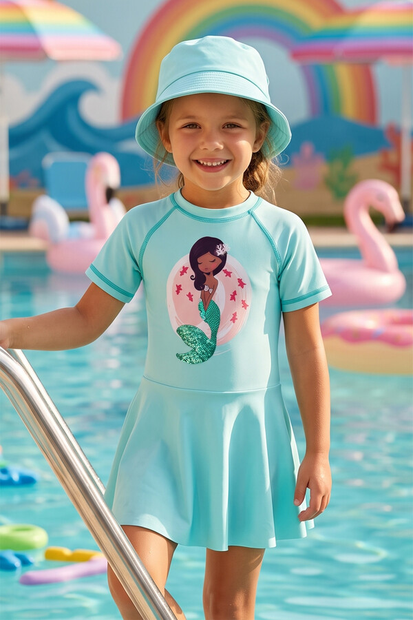 UV Protection Short Sleeve Skirted Swimsuit for Girls in Mint - Thumbnail