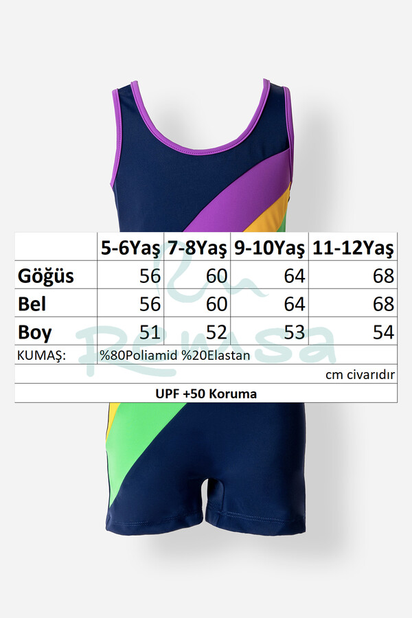 UV Protection Sleeveless Swimsuit for Girls in Navy with Color Blocking 5245 - Thumbnail