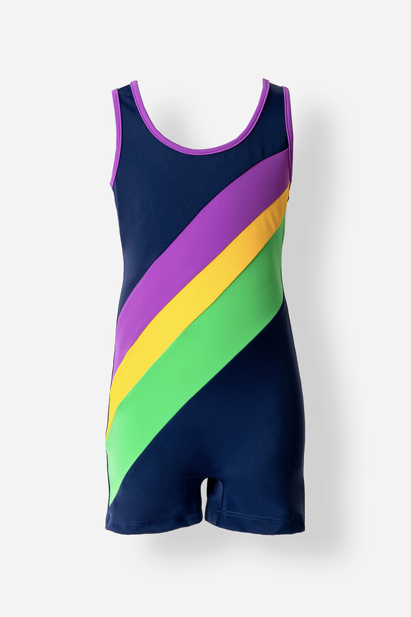 UV Protection Sleeveless Swimsuit for Girls in Navy with Color Blocking 5245 - Thumbnail