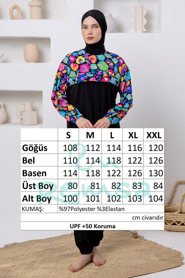 UV Protection Sport Lycra Full Coverage Modest Swimsuit 1216 Black - Thumbnail