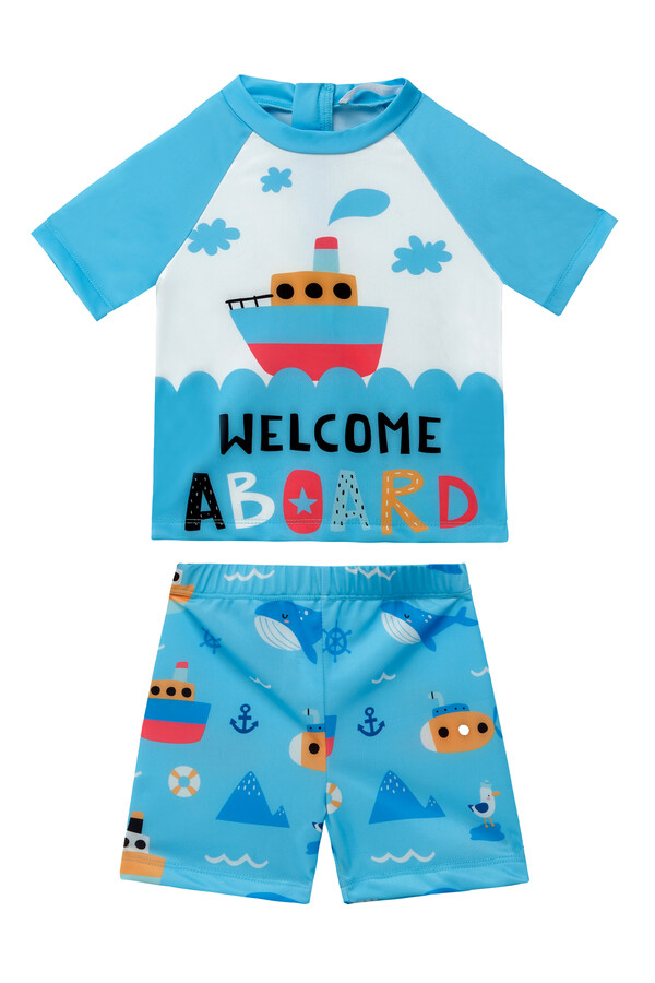 UV Protective Short Sleeve Kids Swimwear Set 5117 Turquoise - Thumbnail
