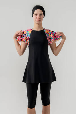 Adasea - UV Protective Short Sleeve Modest Swimsuit For Girls 1906 Black (1) Adasea - UV Protective Short Sleeve Modest Swimsuit For Girls 1906 Black (1)