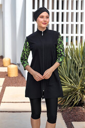 Adasea - UV Protective Sport Lycra Three Quarter Sleeve Half Covered Modest Swimsuit 1602 Black15