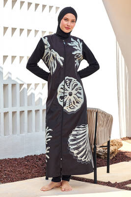 Adasea - Uzun Tam Boy Tam Kapalı Tesettür Mayo Here 1308 Siyah