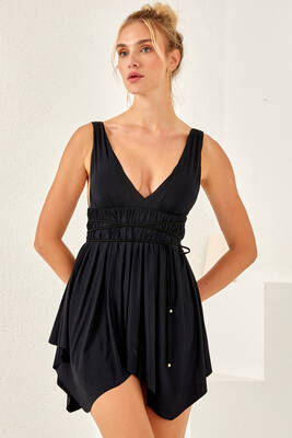 Lapieno - V Neck One Piece Swimsuit Dress With Waist Tie 3580 Black Lapieno - V Neck One Piece Swimsuit Dress With Waist Tie 3580 Black
