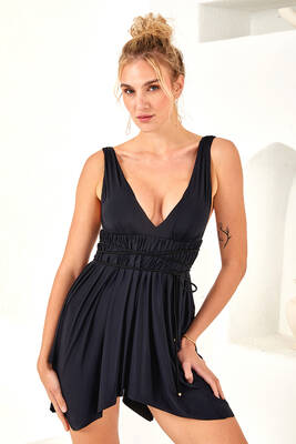 Lapieno - V Neck One Piece Swimsuit Dress With Waist Tie 3580 Black (1) Lapieno - V Neck One Piece Swimsuit Dress With Waist Tie 3580 Black (1)