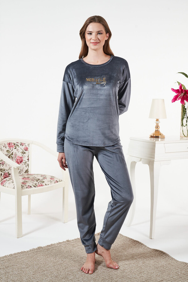 Velvet Print Pajama Set 25381 Anthracite - Thumbnail