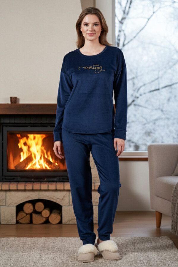 Velvet Two-Piece Pajama Set in Navy Blue - Thumbnail