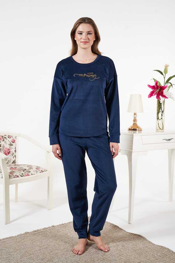 Velvet Two-Piece Pajama Set in Navy Blue - Thumbnail