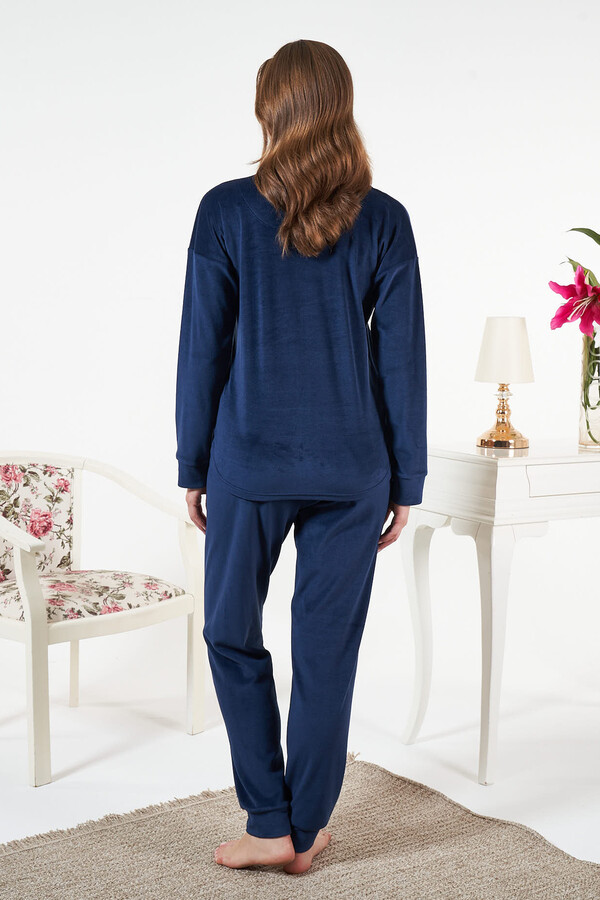 Velvet Two-Piece Pajama Set in Navy Blue - Thumbnail