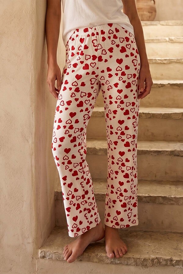 Viscose Fabric Red Heart Print Knit Pajama Bottoms - Thumbnail